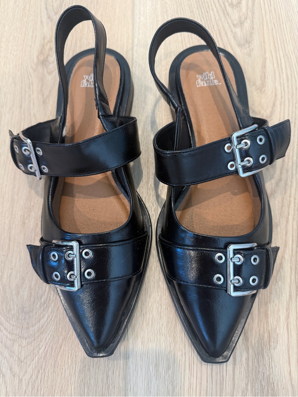 Wild Fabel Peyton double buckle sling back flats, black, memory foam insoles 9